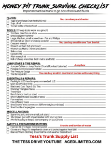 Safety list of what you need to keep in your trunk in case of an emergency.