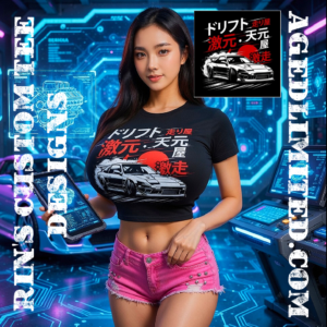 sexy asian pinup girl wearing a custom design car drifting design best seller.