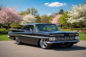 59 impala black with a 502 big block on a spring day