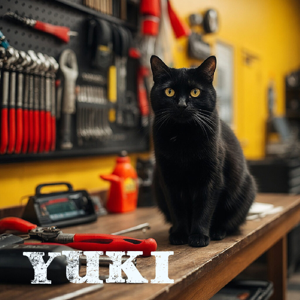 TESS DRIVE GARAGE-FUNNY CAT-HOTROD HOW TOS-FAMOUS CARS-CAR REAPIR BLACK JAPANESE BOBTAIL