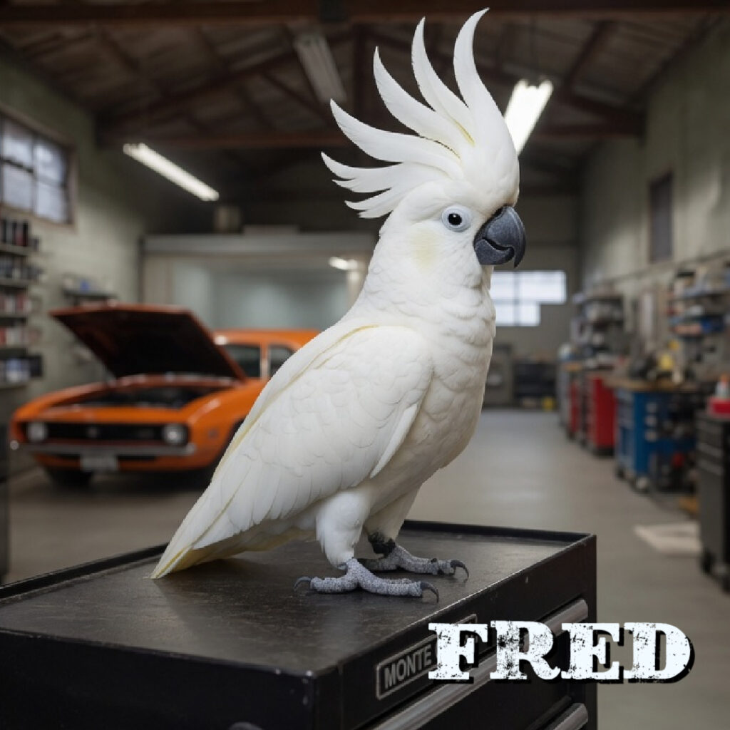 TESS DRIVE GARAGE-FUNNY CACKATOO BIRD-HOTROD HOW TOS-FAMOUS CARS-CAR REAPIR